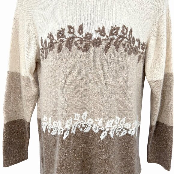 VINTAGE SEGUE MULTI HUE IVORY BEIGE BROWN FLORAL SILK ANGORA MOCK NECK SWEATER M - Picture 2 of 4